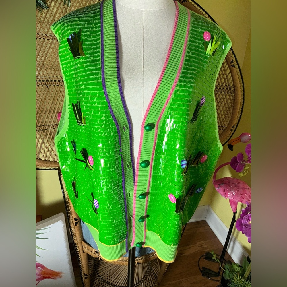 Queen of Sparkles NWT Sequin Easter Egg Grass Vest Size XL - Picture 2 of 11